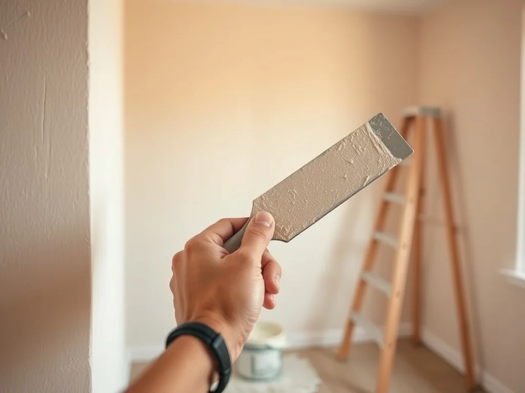 Ręka nakłada dekoracyjny tynk gipsowy pacą na ścianę w jasnym, uporządkowanym wnętrzu, klimat DIY remontu domu.