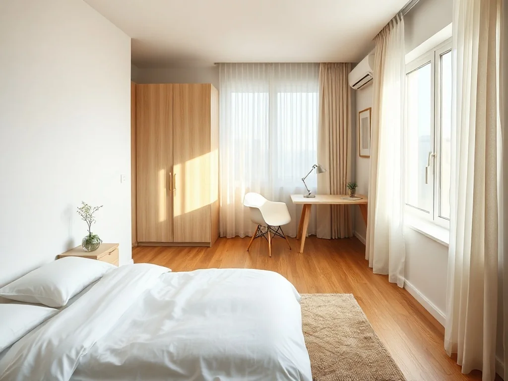 Jasna, minimalistyczna sypialnia 12 m² z łóżkiem, biurkiem przy oknie i szafą, pokazująca funkcjonalną aranżację małego pokoju.