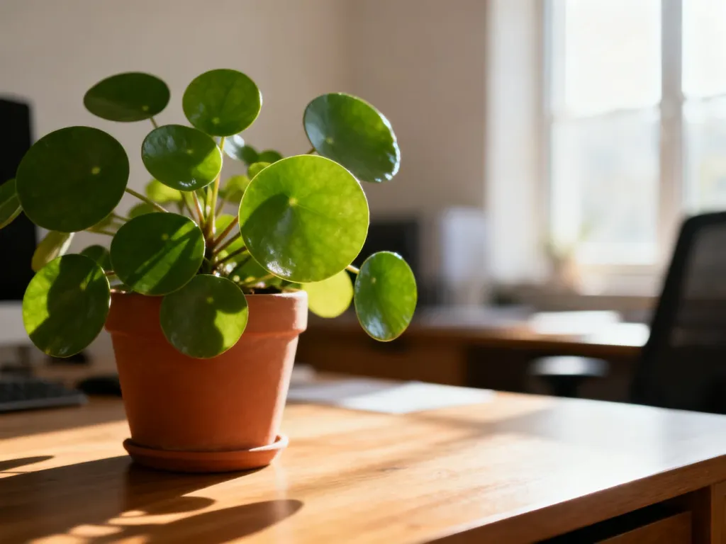 Pilea peperomioides w terakotowej doniczce na słonecznym biurku, prezentująca charakterystyczne okrągłe liście.