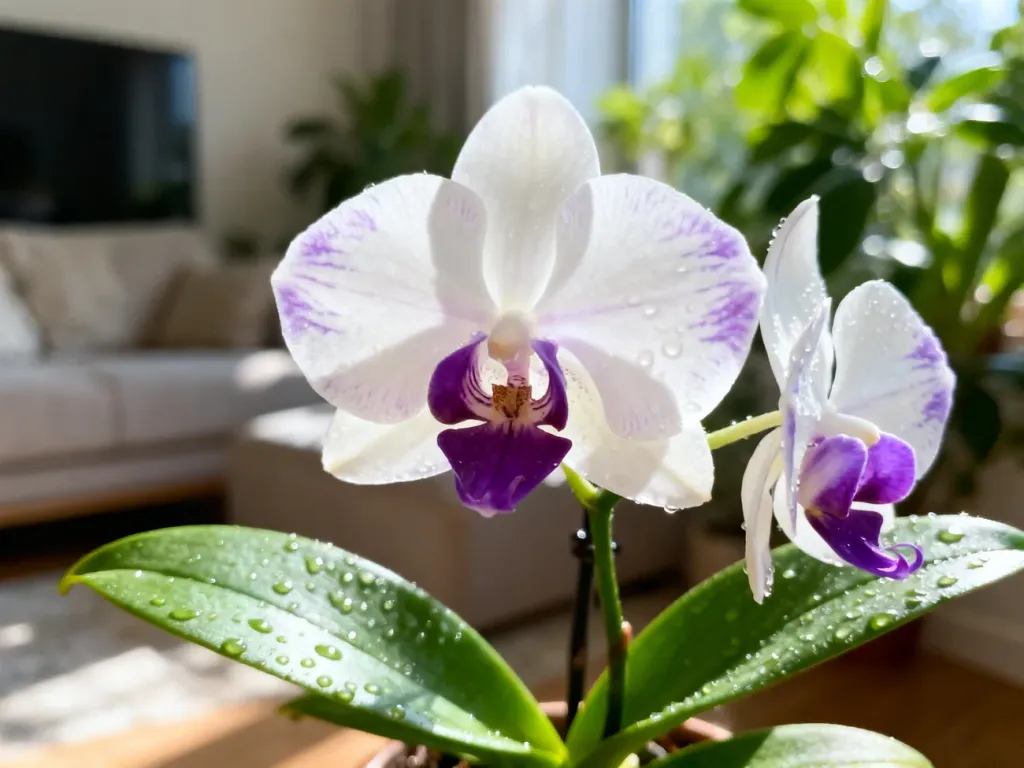 Kwitnąca orchidea Phalaenopsis z białymi i fioletowymi płatkami oraz kroplami wody w promieniach porannego słońca.