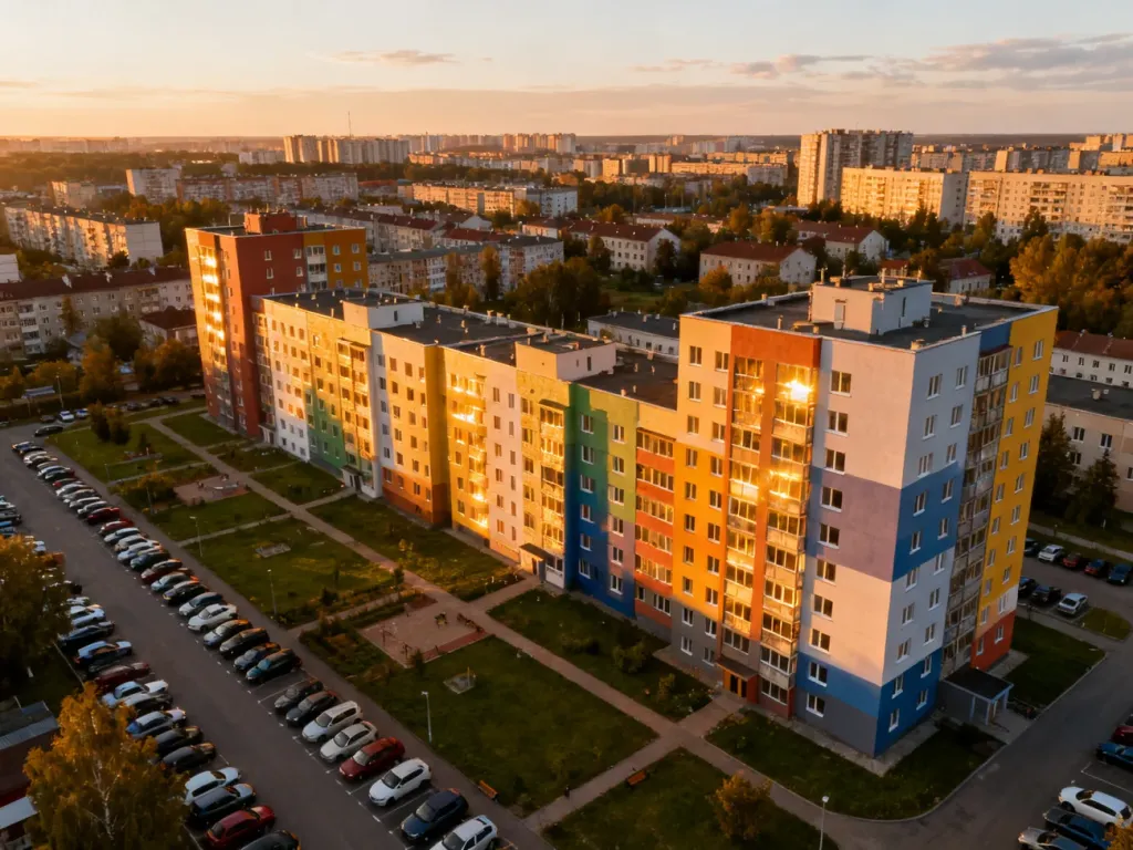 Panorama białostockich osiedli z nowoczesnymi blokami, podkreślająca skalę rynku mieszkaniowego; no text on the picture